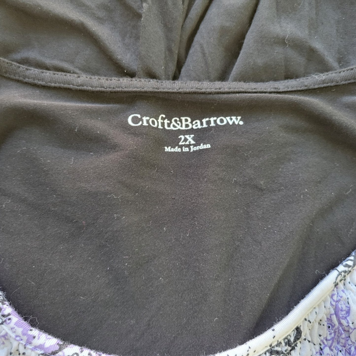 Croft Barrow Womens Top 2X Plus Short Sleeve Purple Black Paisley Casual Cinched