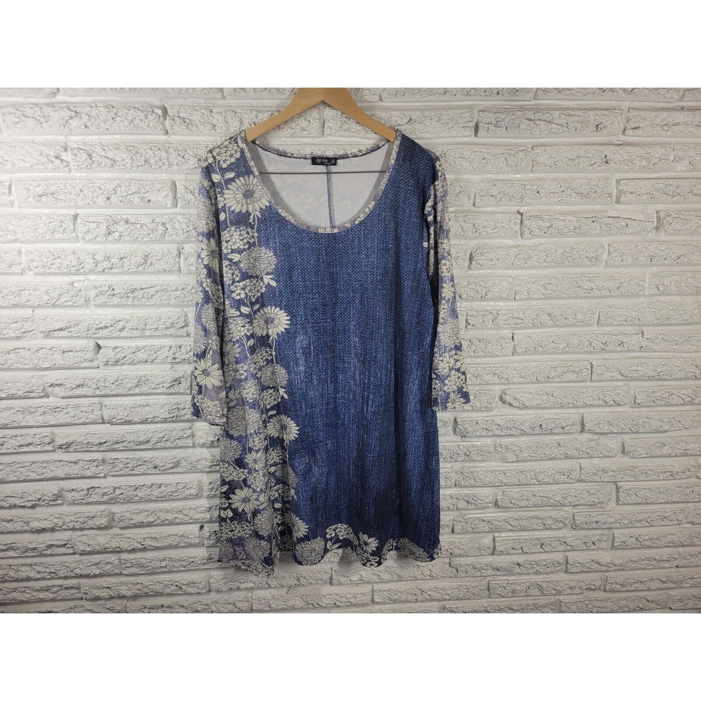 Lily Firmiana Women Dress 2X Plus Mini Long Sleeve Blue Floral Poly Blend Casual