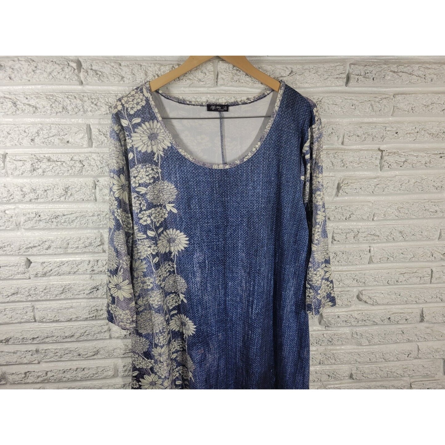Lily Firmiana Women Dress 2X Plus Mini Long Sleeve Blue Floral Poly Blend Casual