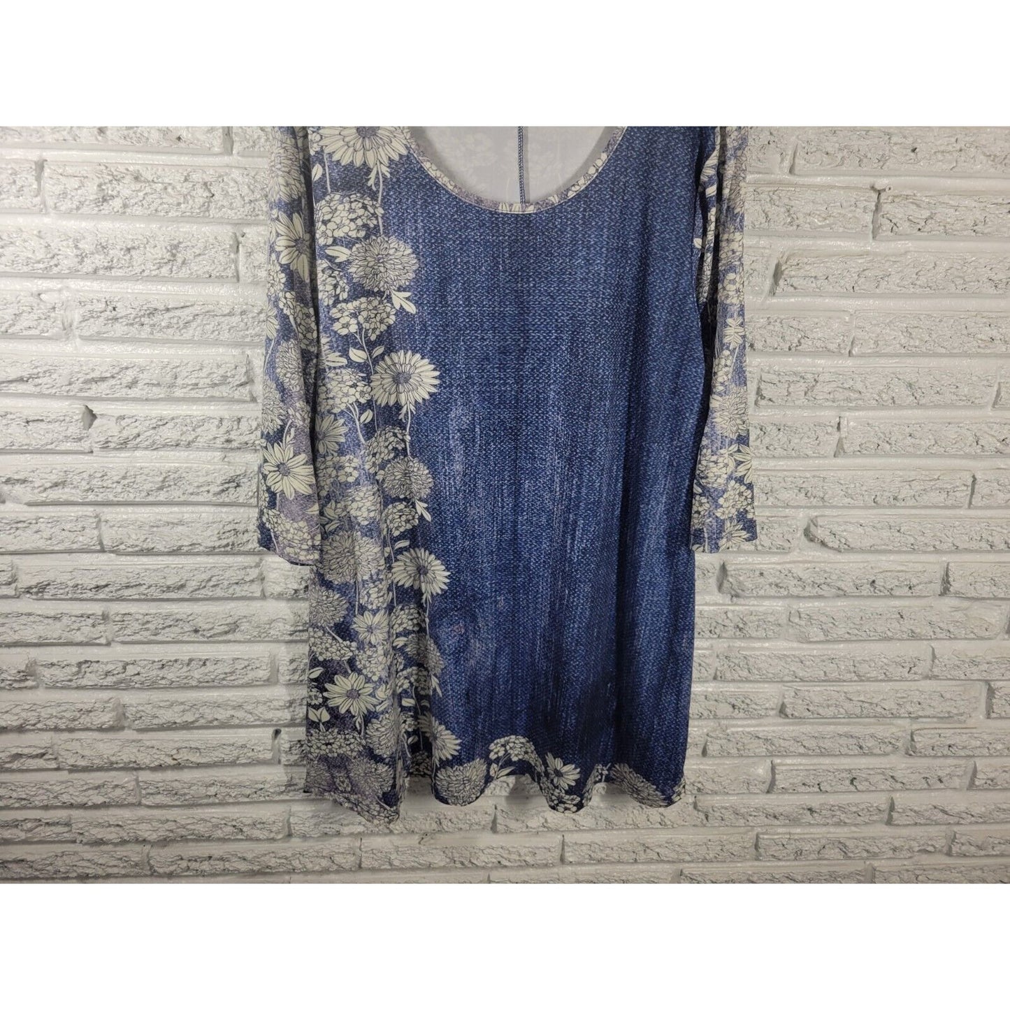 Lily Firmiana Women Dress 2X Plus Mini Long Sleeve Blue Floral Poly Blend Casual