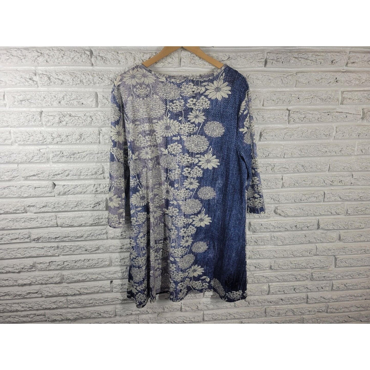 Lily Firmiana Women Dress 2X Plus Mini Long Sleeve Blue Floral Poly Blend Casual