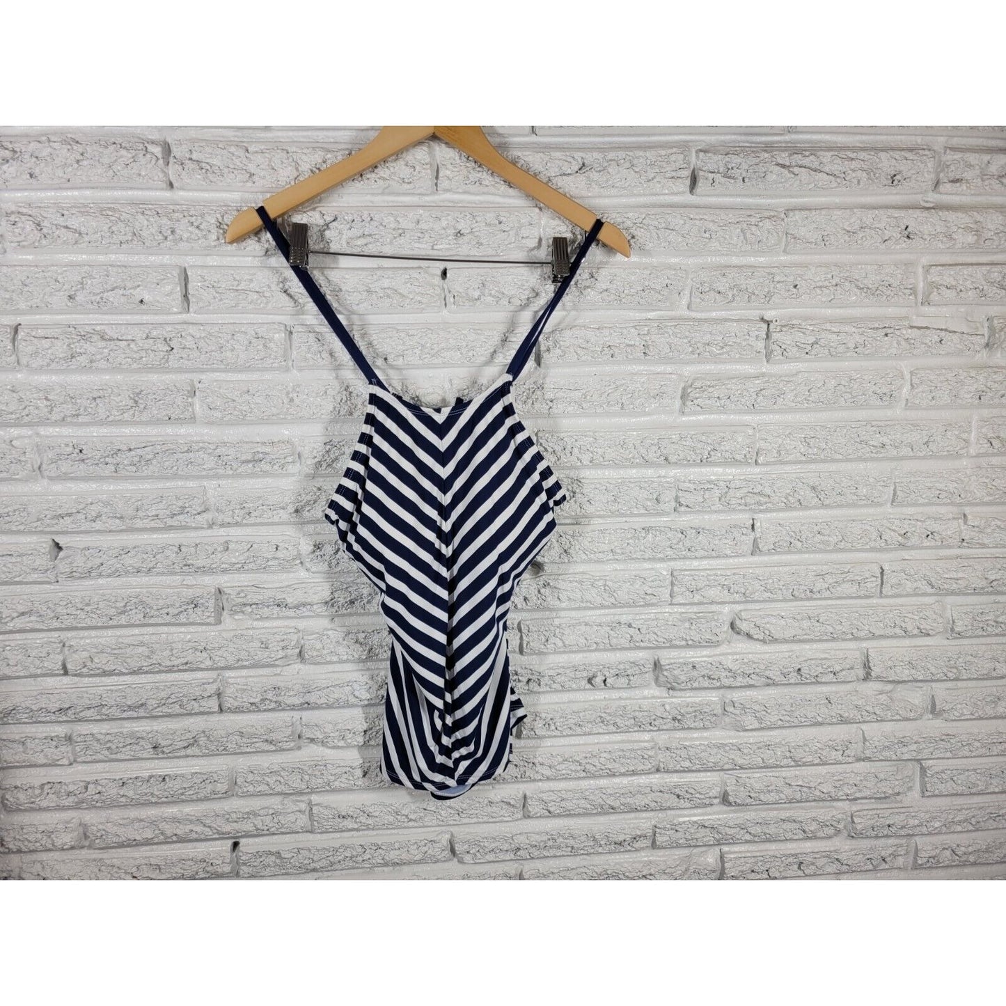 Liz Claiborne Womens Swim Top Extra Large Spaghetti Strap Open Back Blue Stripe