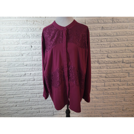 ANA Women Top 4X Plus Tunic Long Sleeve Purple Button Up Lace Panels Career