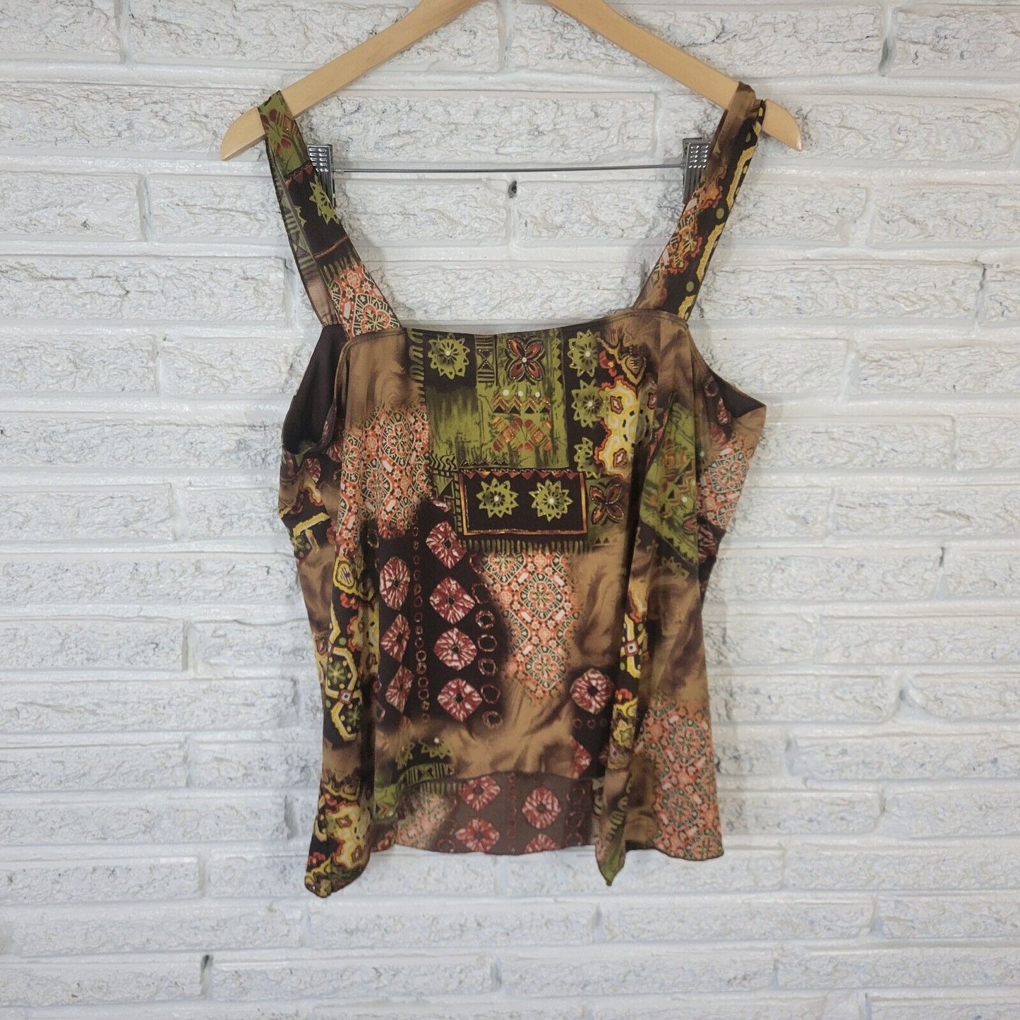 Fashion Bug Womens Top 18 20 Swing Wide Strap Brown Geometric Poly Blend Lined