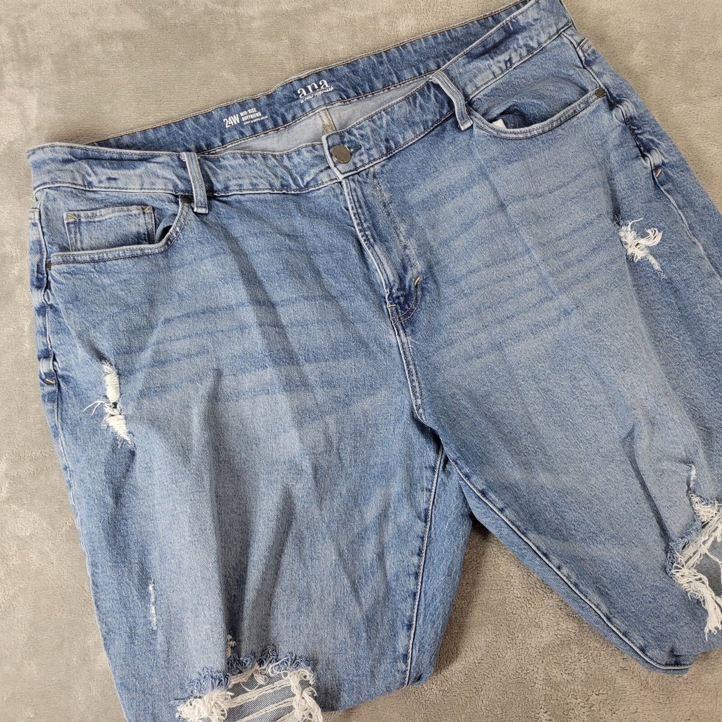 Ana Womens Jeans 24W Plus Boyfriend Straight Leg Distressed Blue Denim Zip Fly