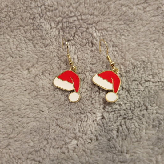 Christmas Santa Cap Womens Earrings One Pair Red Alloy Hanging Dangle Gold Tone