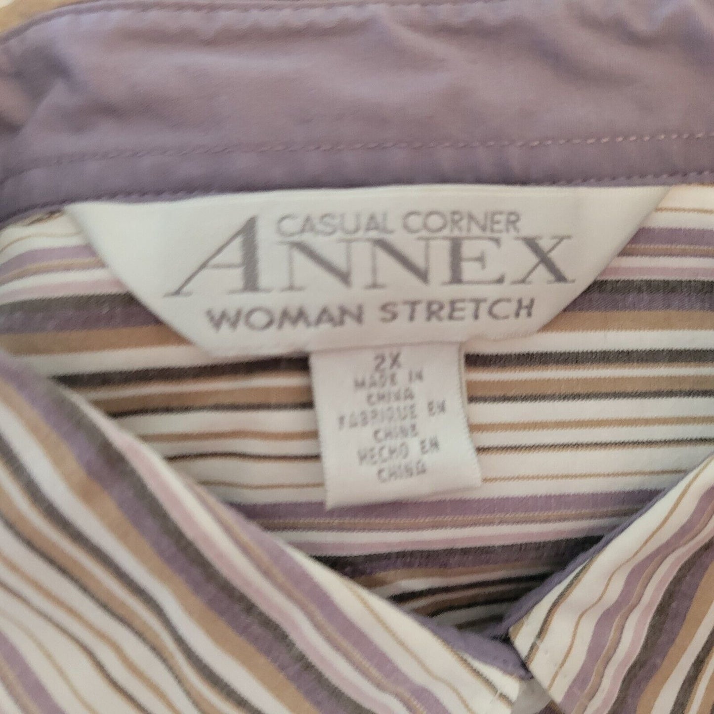 Casual Corner Annex Women Top 2X Lavender Stripe Collar Lightweight Cotton Blend