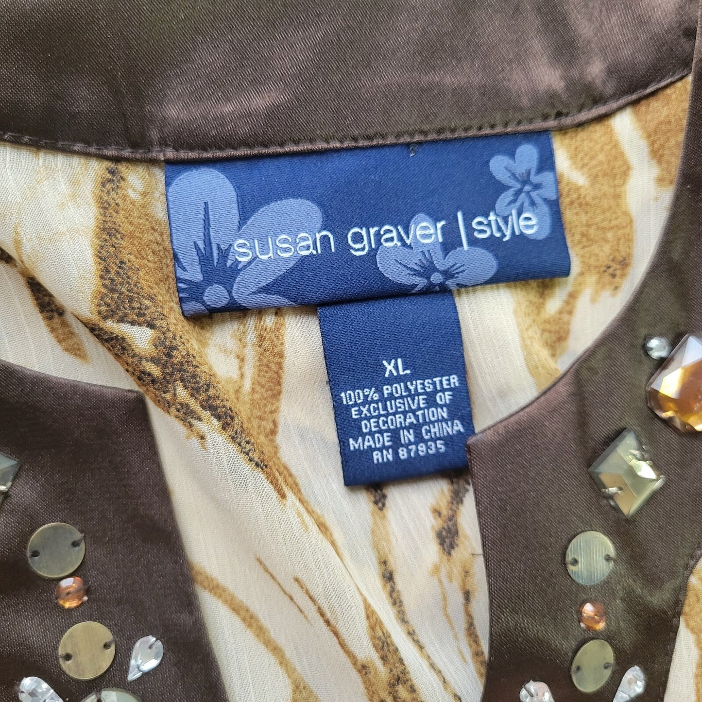 Susan Graver QVC Womens Top Brown Tan Animal Print Beaded Sheer Rhinestones