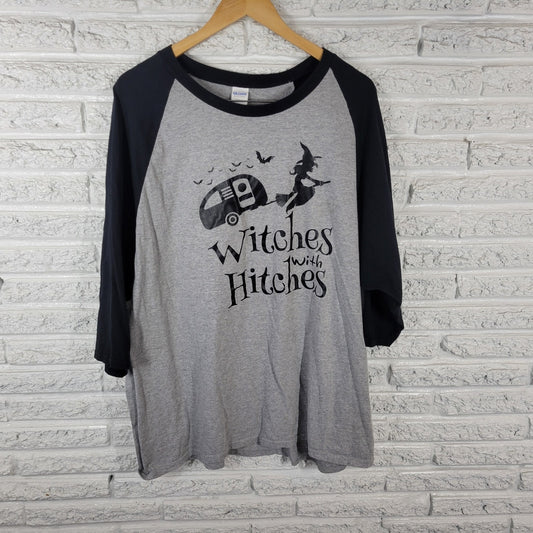 Halloween Womens Top 2XL Plus Raglan Sleeve Gray Witches with Hitches Camping