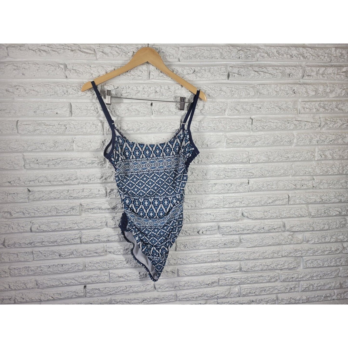 Time Tru Women Swimsuit Extra Large One Piece Blue Geometric Knotted Sides