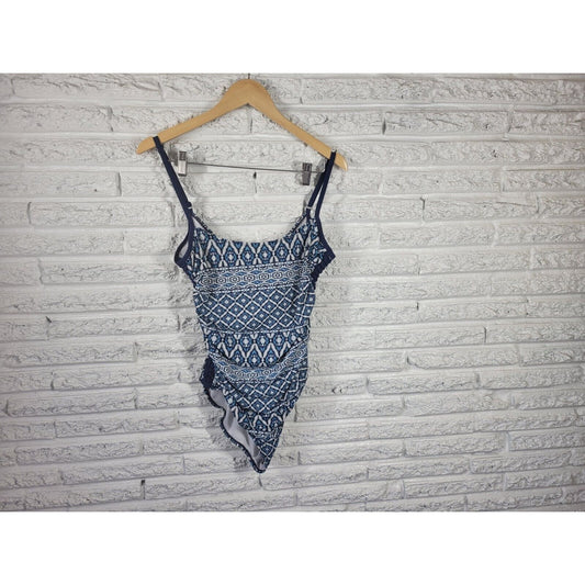 Time Tru Women Swimsuit Extra Large One Piece Blue Geometric Knotted Sides