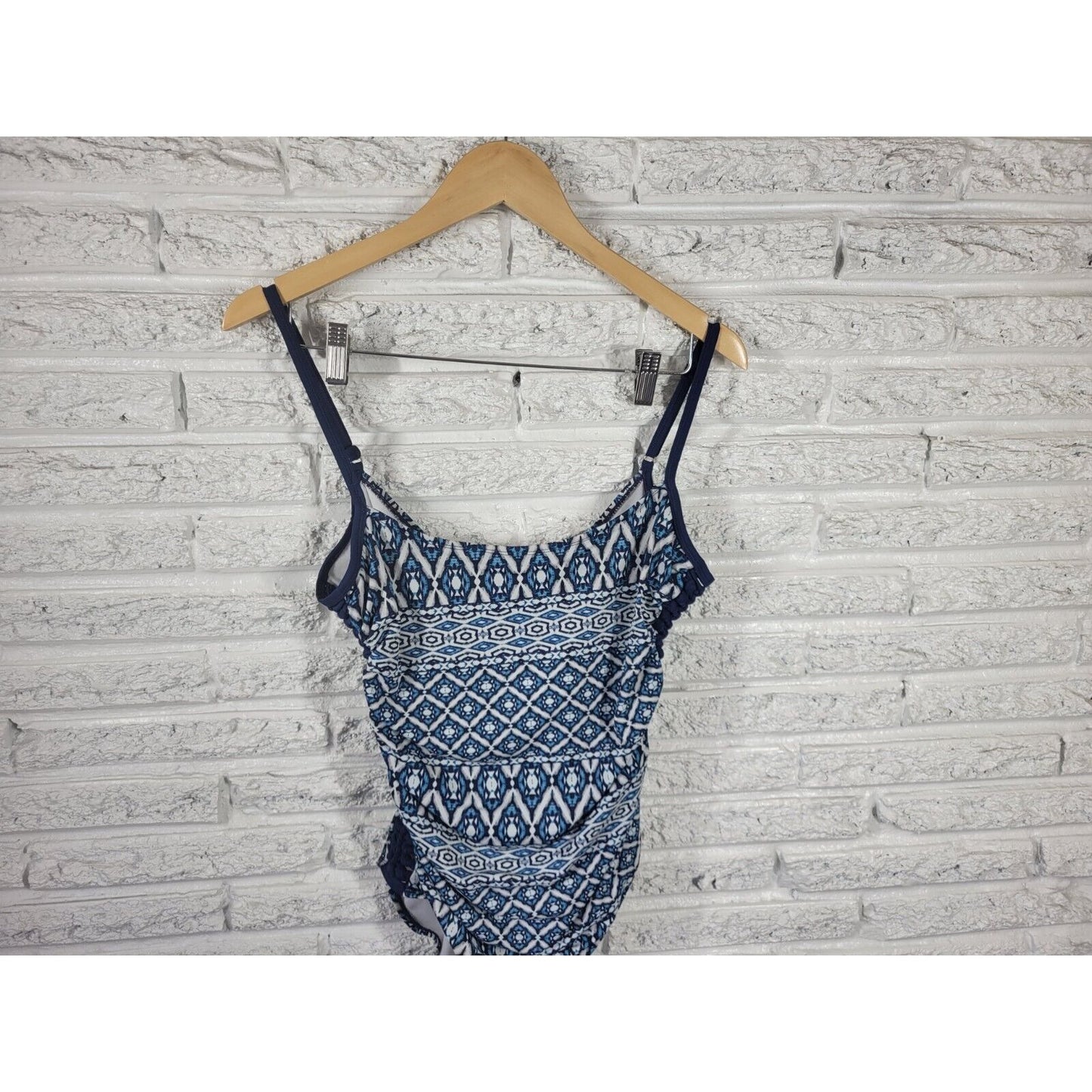 Time Tru Women Swimsuit Extra Large One Piece Blue Geometric Knotted Sides