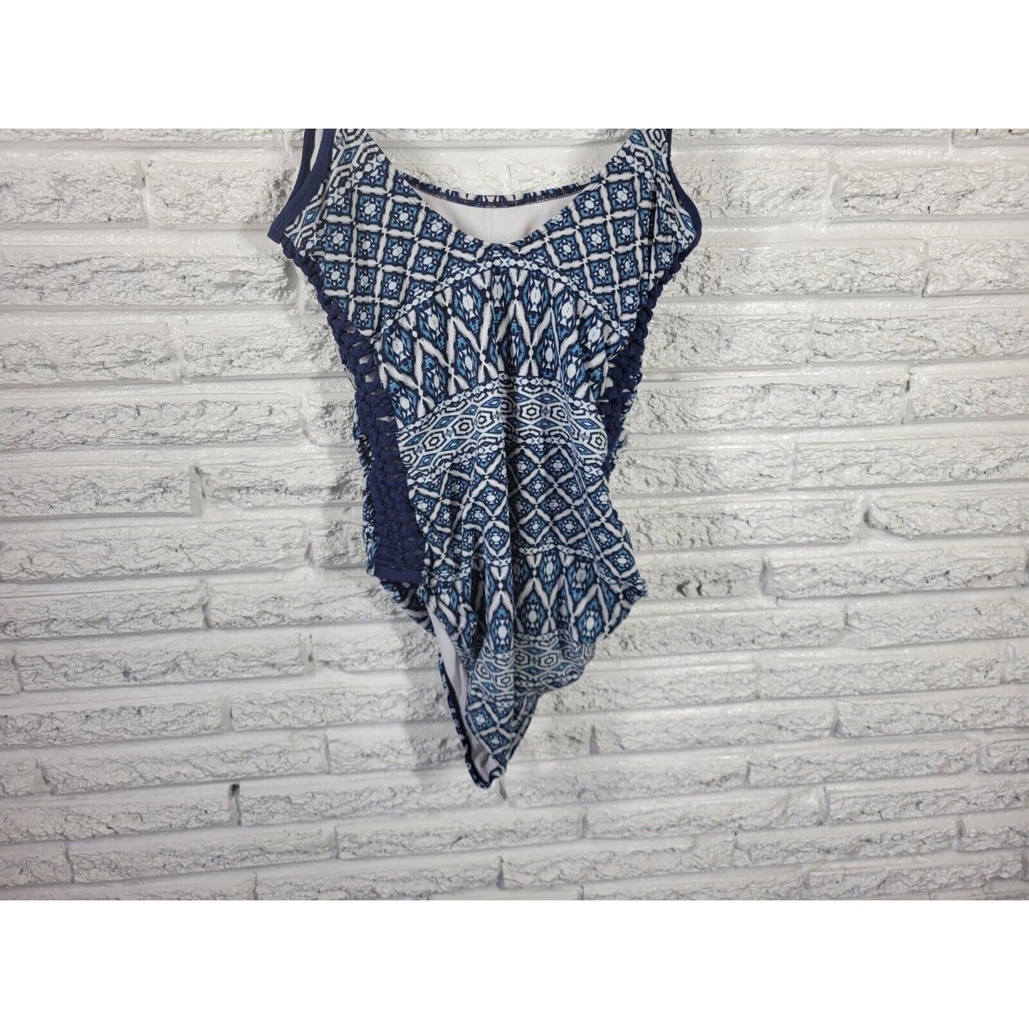 Time Tru Women Swimsuit Extra Large One Piece Blue Geometric Knotted Sides