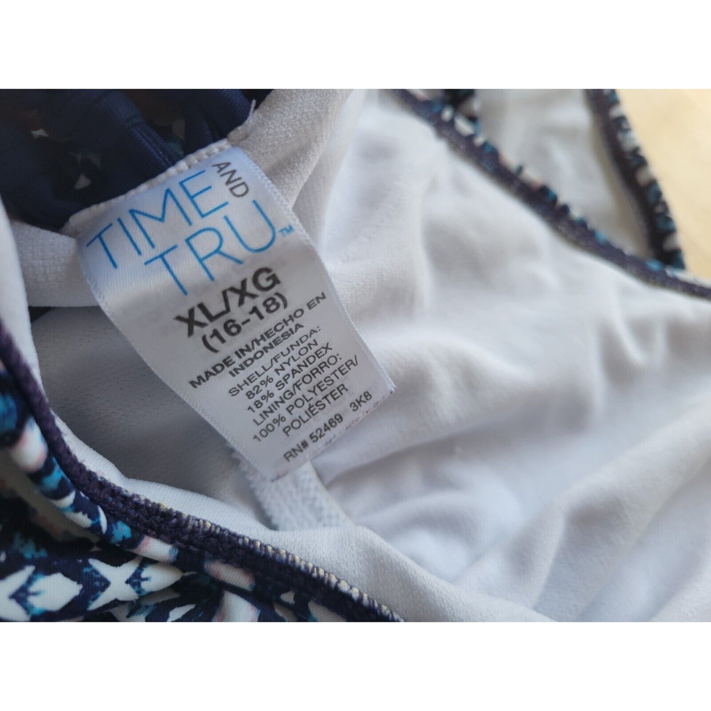 Time Tru Women Swimsuit Extra Large One Piece Blue Geometric Knotted Sides