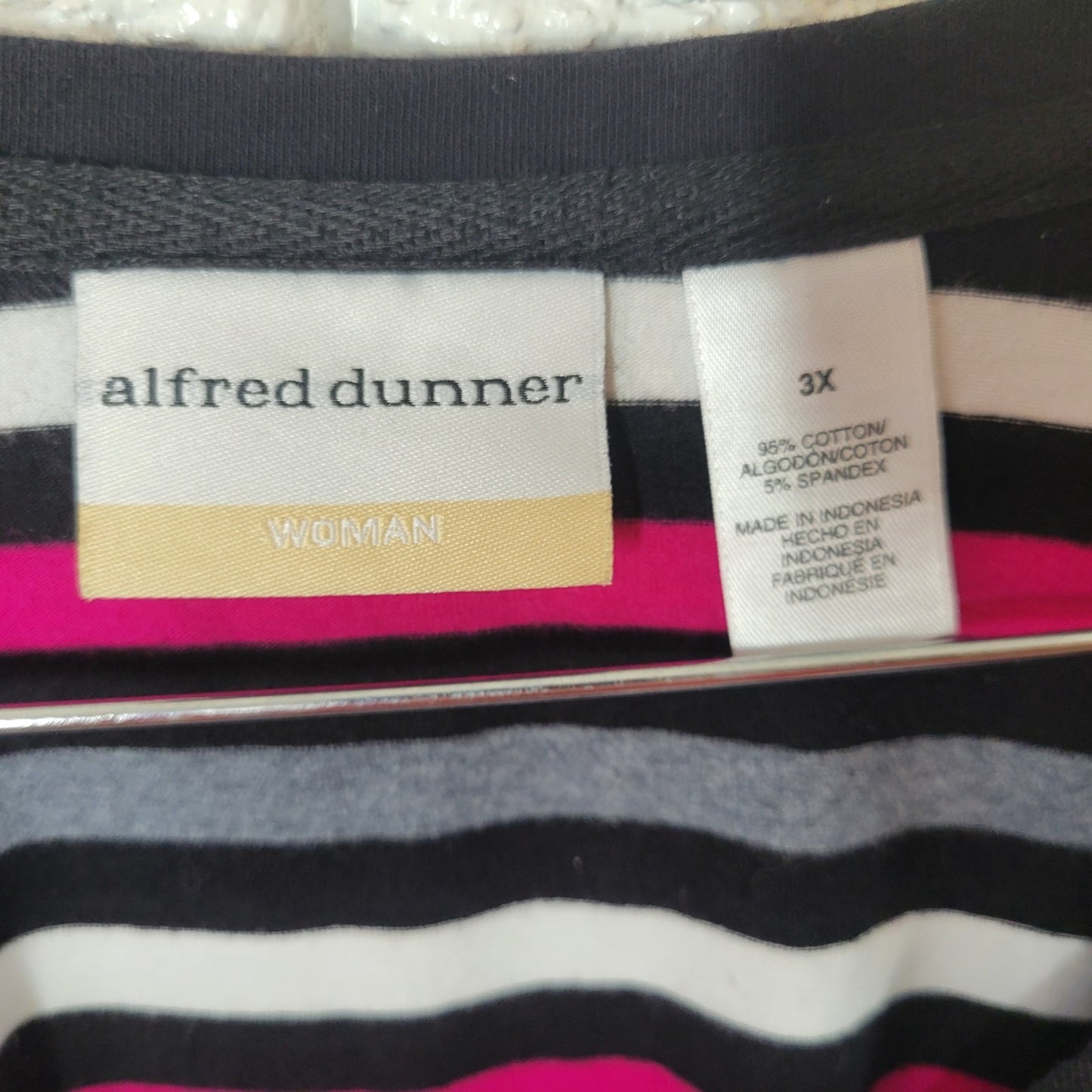 Alfred Dunner Womens Top 3X Plus 3/4 Sleeve Pink Black Stripe Cotton Blend Soft