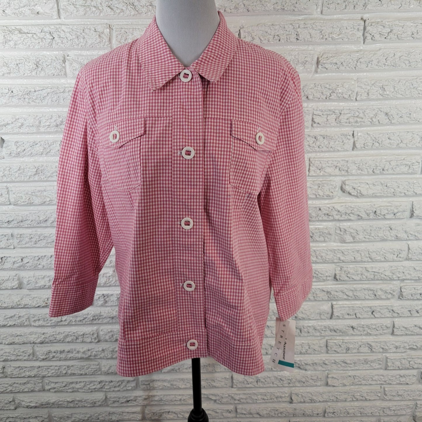 Alfred Dunner Women Jacket 16 Blazer Carnation Pink Gingham Check Pockets Casual