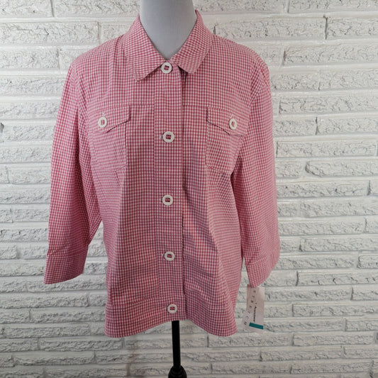 Alfred Dunner Women Jacket 16 Blazer Carnation Pink Gingham Check Pockets Casual