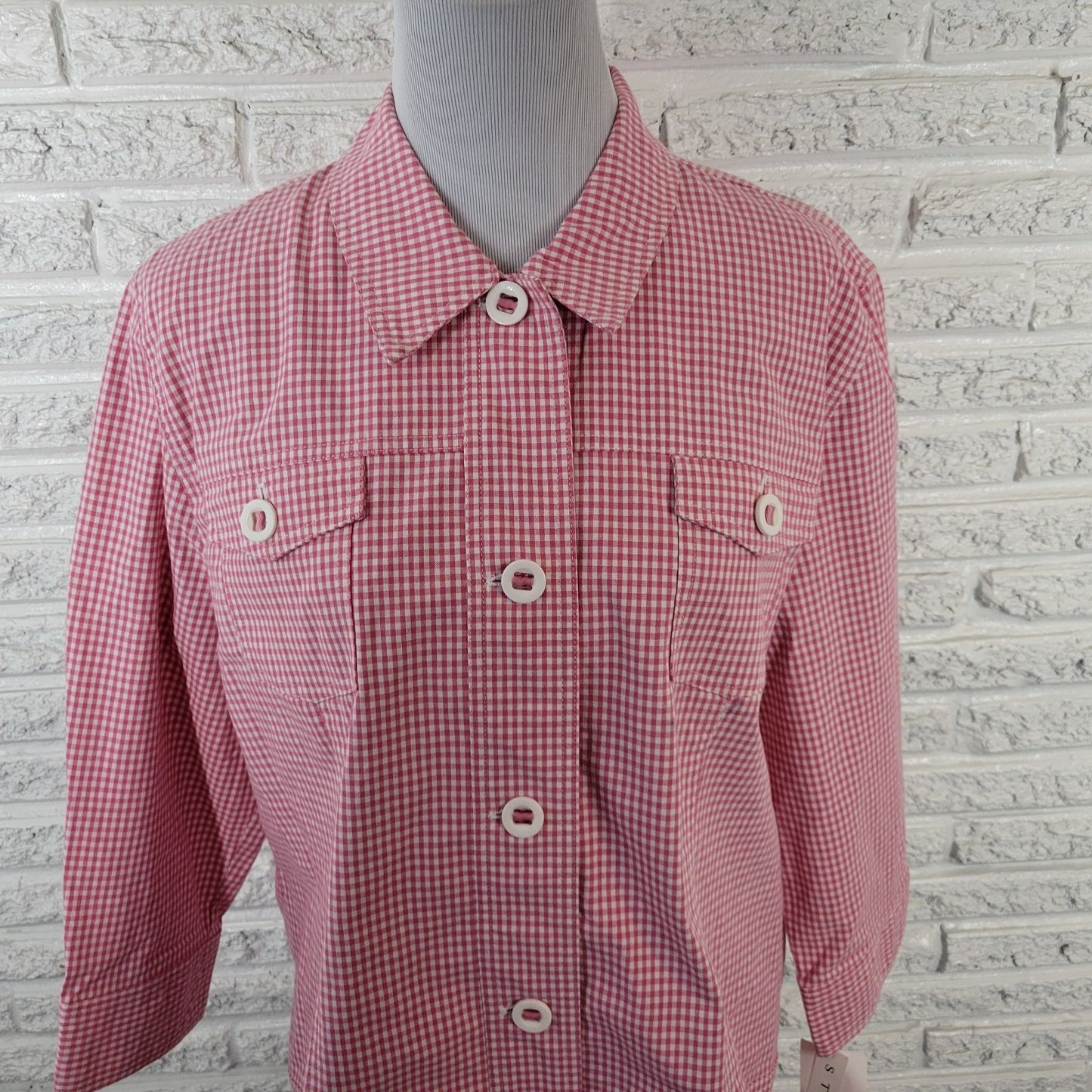 Alfred Dunner Women Jacket 16 Blazer Carnation Pink Gingham Check Pockets Casual