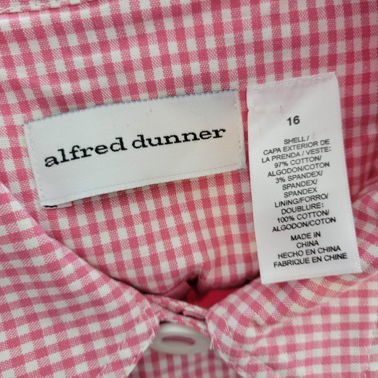 Alfred Dunner Women Jacket 16 Blazer Carnation Pink Gingham Check Pockets Casual