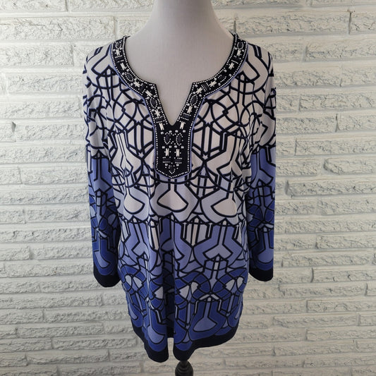 JM Collection Womens Top Extra Large 3/4 Sleeve Blue Geometric Beaded Poly Blend