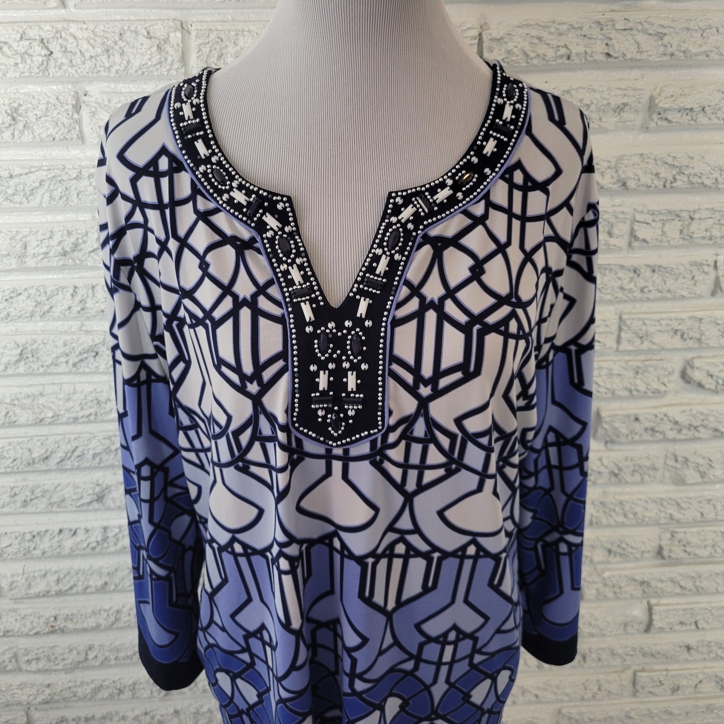 JM Collection Womens Top Extra Large 3/4 Sleeve Blue Geometric Beaded Poly Blend