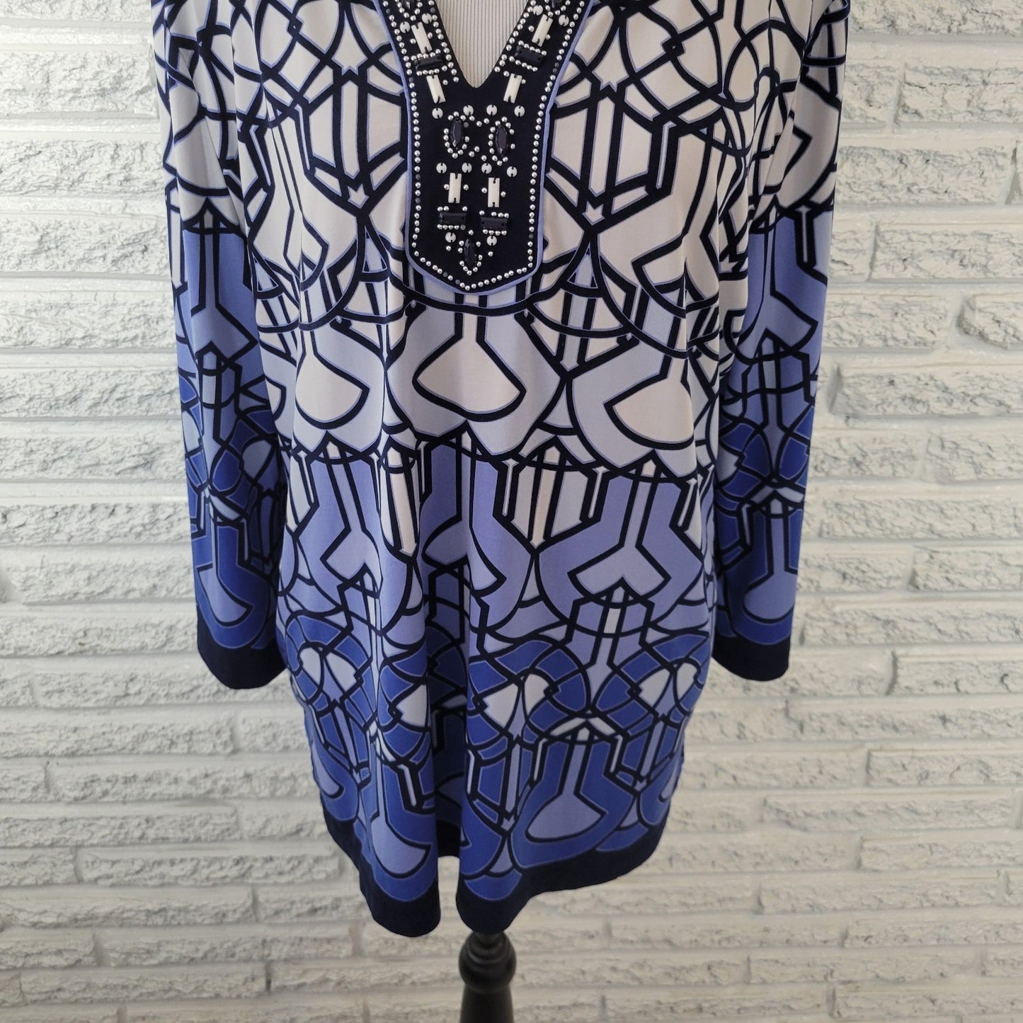 JM Collection Womens Top Extra Large 3/4 Sleeve Blue Geometric Beaded Poly Blend