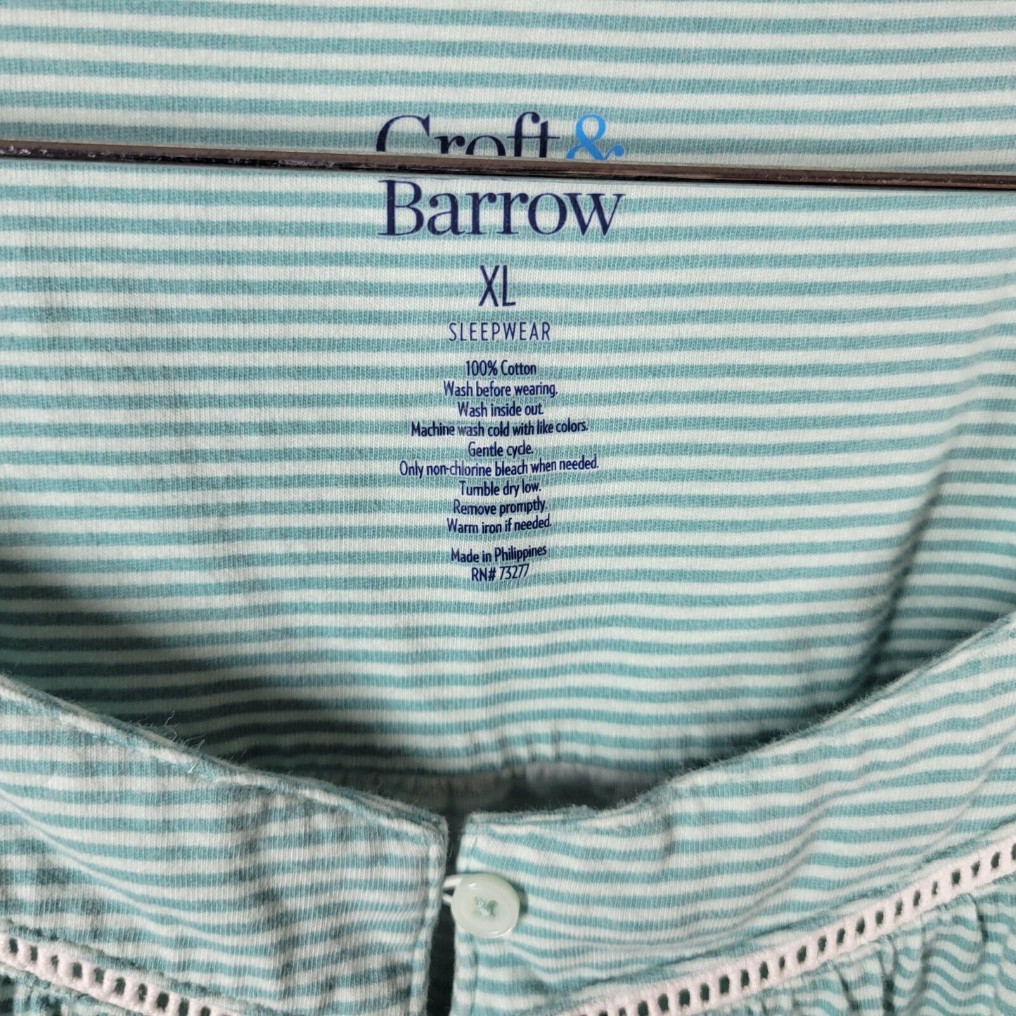 Croft Barrow Womens Pajama Top Extra Large XL Green Stripe Lightweight Cotton
