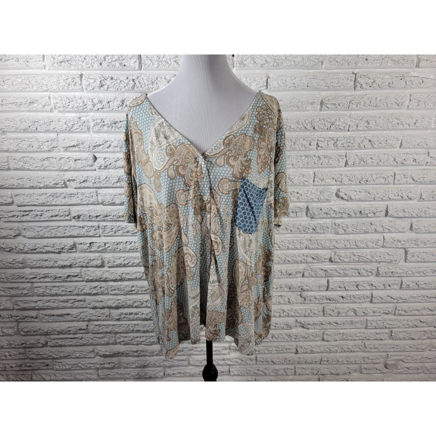 Live Well Womens Top 22W 24W Plus Pajama Blue Tan Paisley Pocket Loungewear Soft