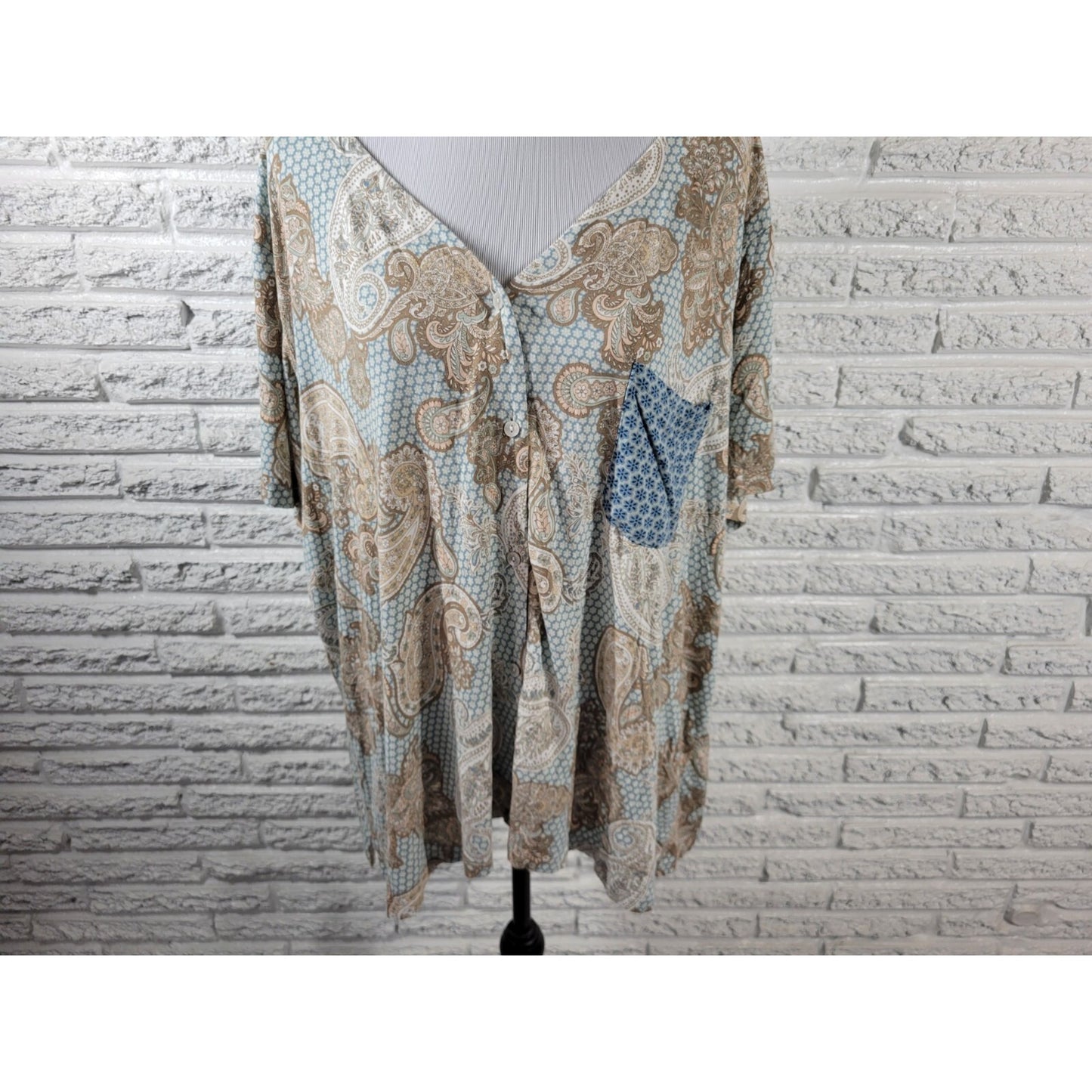Live Well Womens Top 22W 24W Plus Pajama Blue Tan Paisley Pocket Loungewear Soft