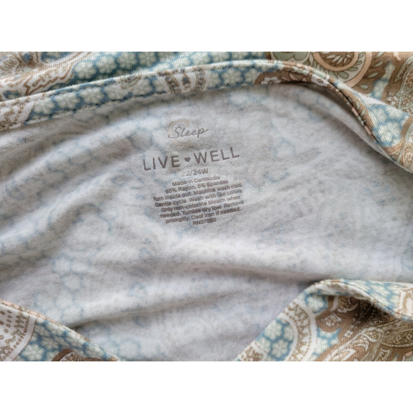 Live Well Womens Top 22W 24W Plus Pajama Blue Tan Paisley Pocket Loungewear Soft