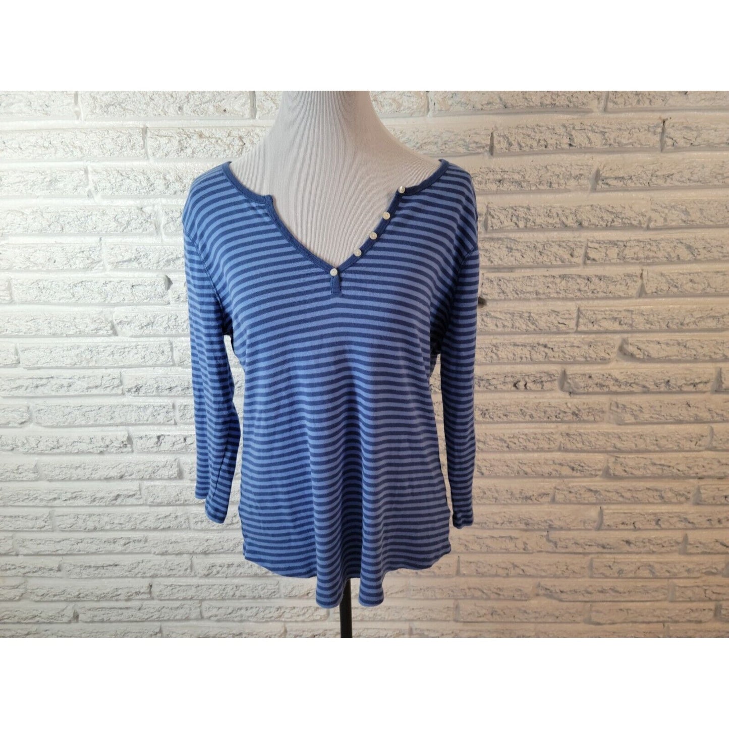 Chaps Womens Top Extra Large Tee 3/4 Sleeve Blue Stripe Casual Deco Buttons