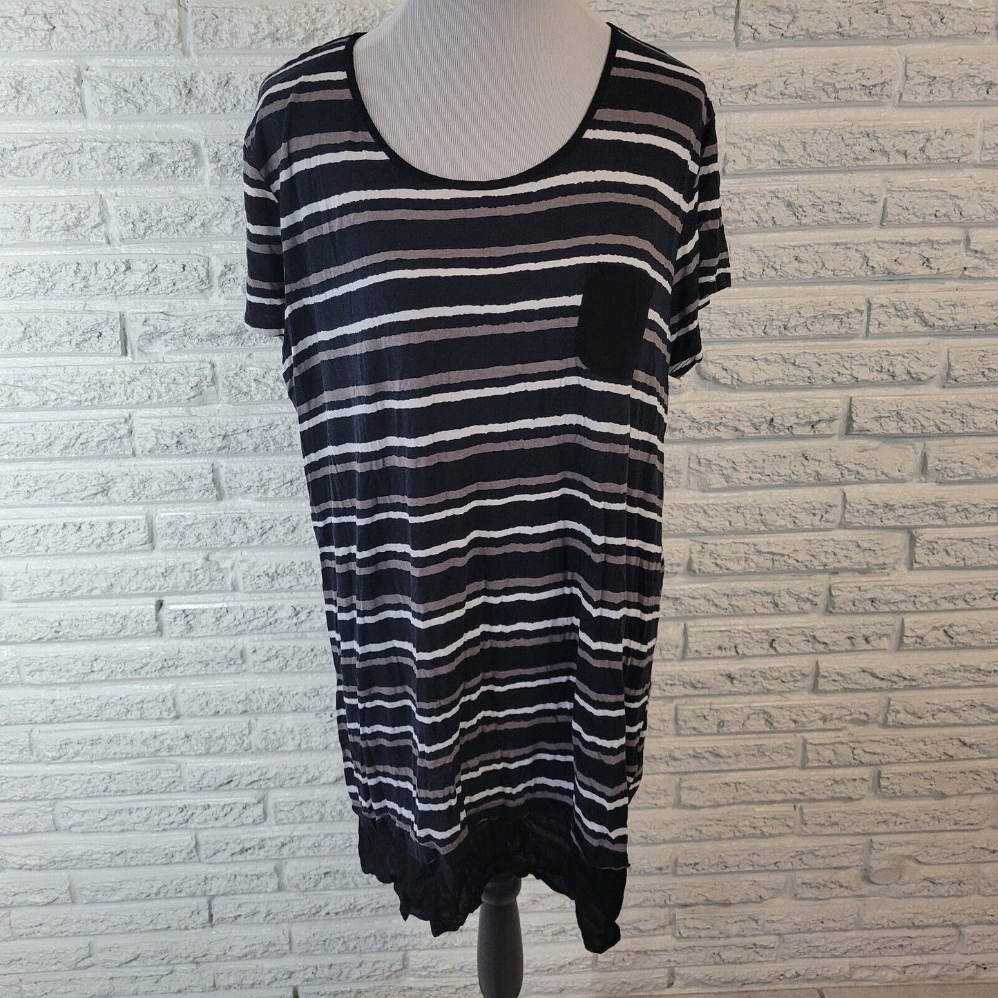 Anne Klein Womens Dress XL Mini Short Sleeve Black Stripe Chiffon Hem Pockets