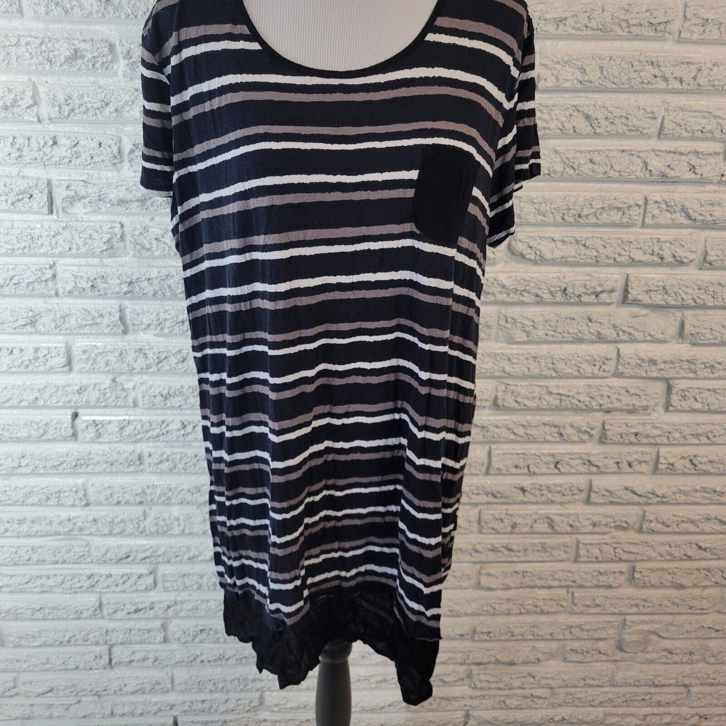 Anne Klein Womens Dress XL Mini Short Sleeve Black Stripe Chiffon Hem Pockets