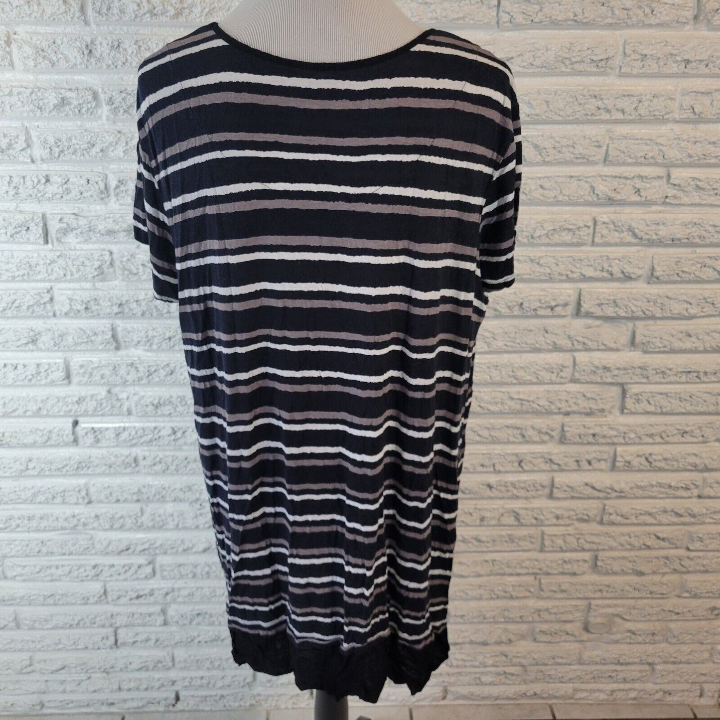 Anne Klein Womens Dress XL Mini Short Sleeve Black Stripe Chiffon Hem Pockets