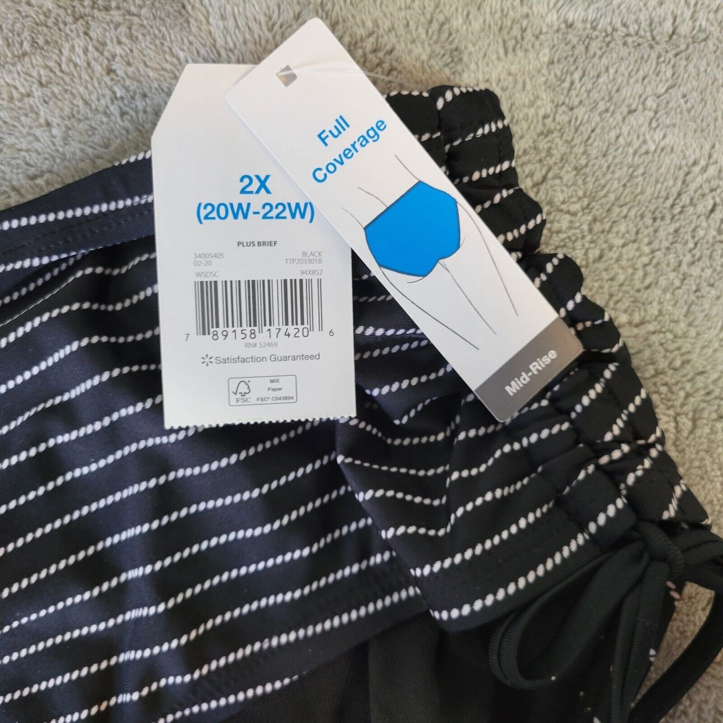 Time Tru Womens Bikini Bottom 2X 20W 22W Plus Swimwear Black Stripe Poly Blend