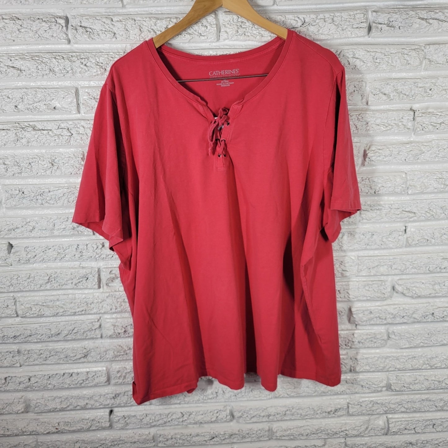 Catherines Suprema Womens Top 3X Plus Tee Short Sleeve Red Lace Up Comfy Casual
