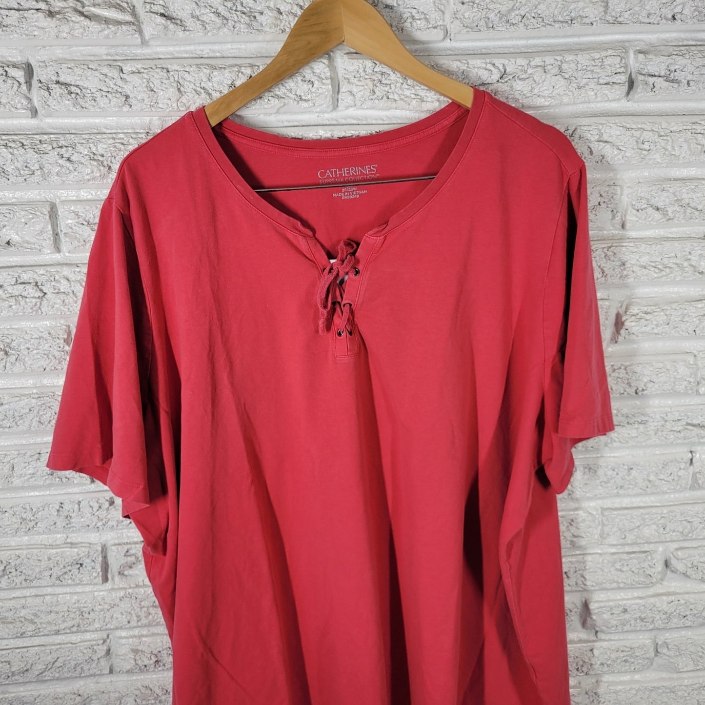 Catherines Suprema Womens Top 3X Plus Tee Short Sleeve Red Lace Up Comfy Casual