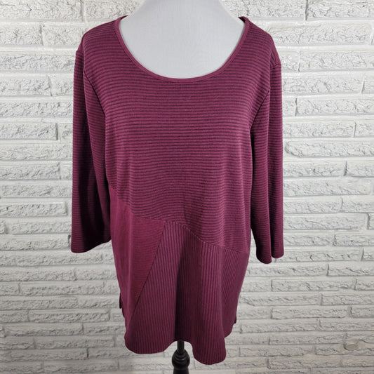 Chicos Women Top 3 Standard XL Tunic 3/4 Sleeve Purple Stripe Knit Casual Comfy