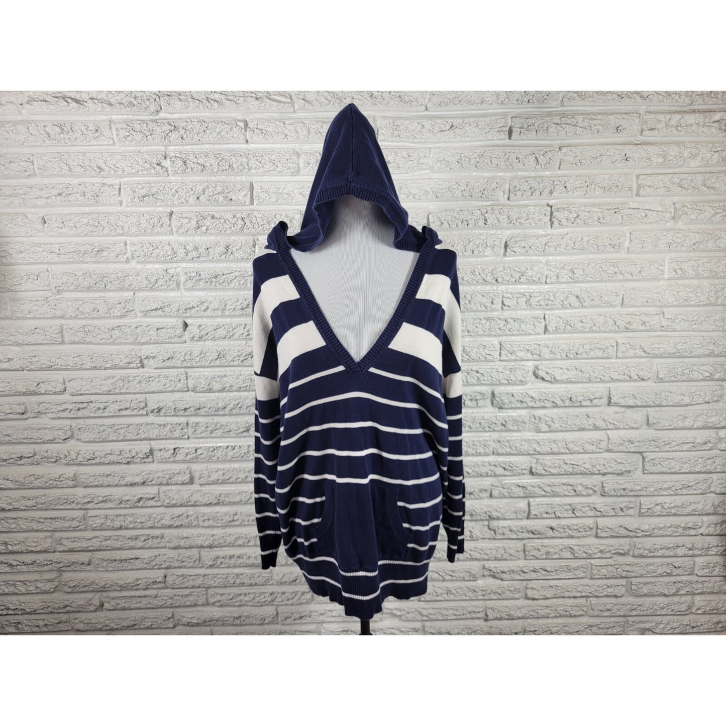 Fashion Bug Womens Sweater Extra Large XL Tunic Hoodie Blue Stripe Cotton Casual