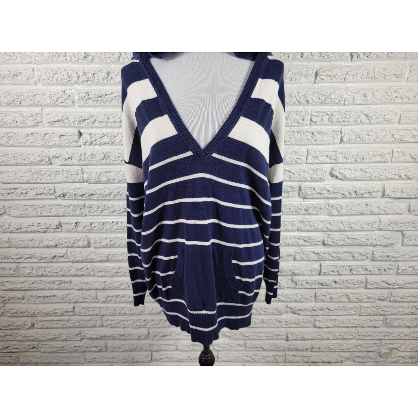 Fashion Bug Womens Sweater Extra Large XL Tunic Hoodie Blue Stripe Cotton Casual