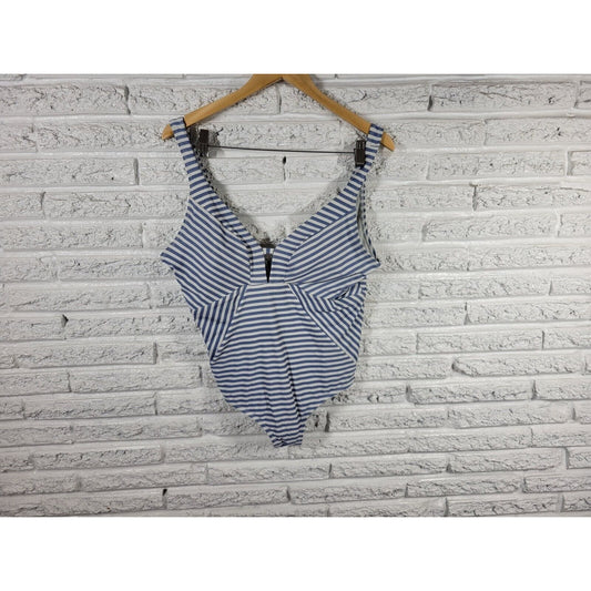 Time Tru Womens Swimsuit 1X One Piece Blue Stripe Plunge Bra Lined Wide Strap