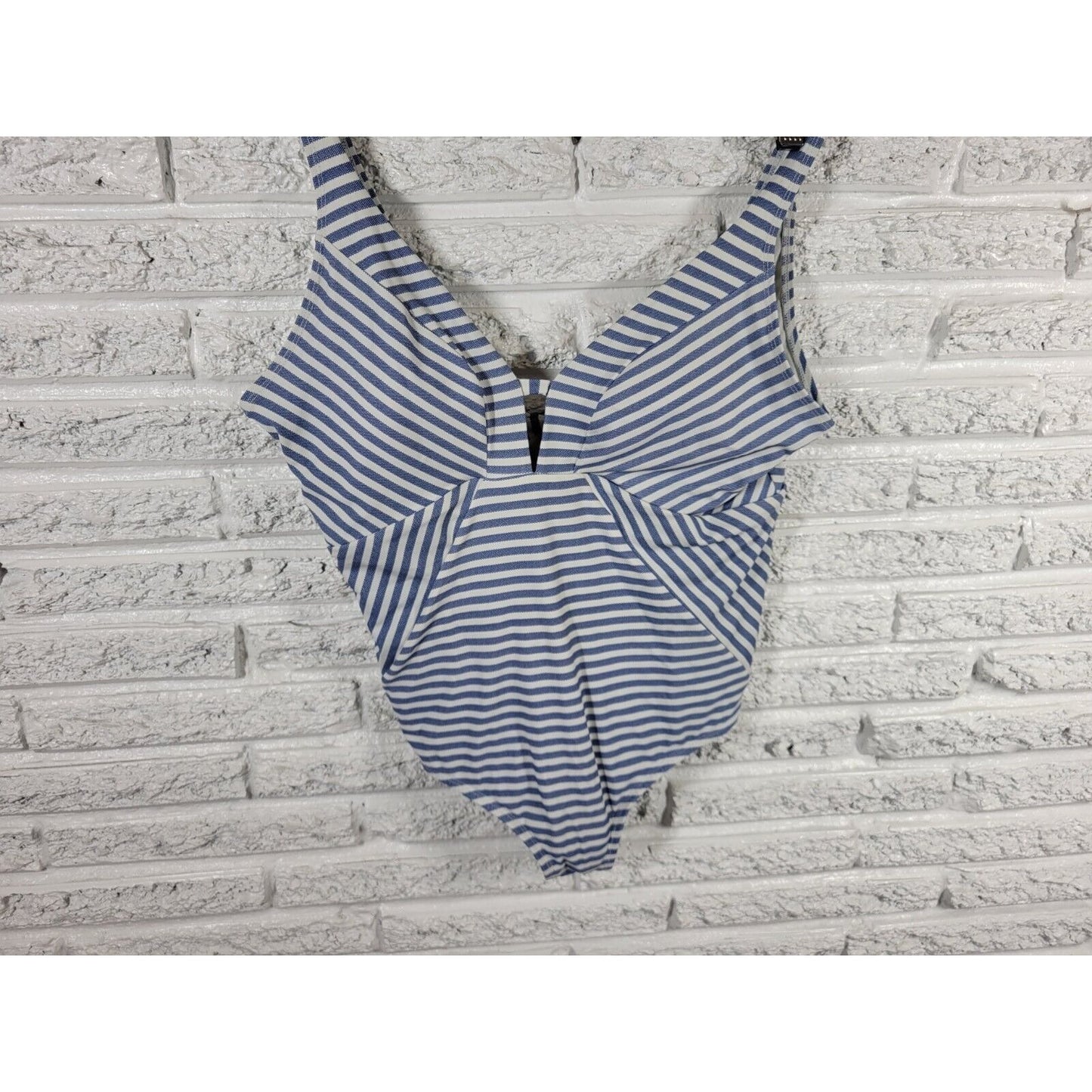 Time Tru Womens Swimsuit 1X One Piece Blue Stripe Plunge Bra Lined Wide Strap