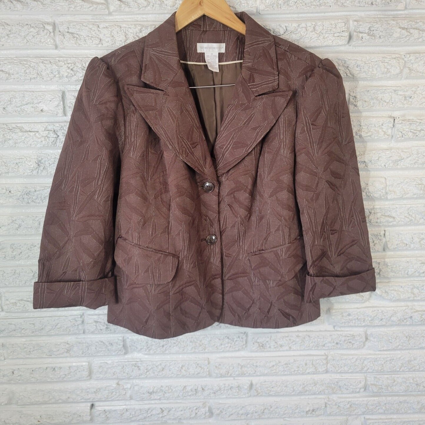 Worthington Womens Jacket 18 Plus Blazer Cuff Sleeve Brown Leaves Faux Pockets
