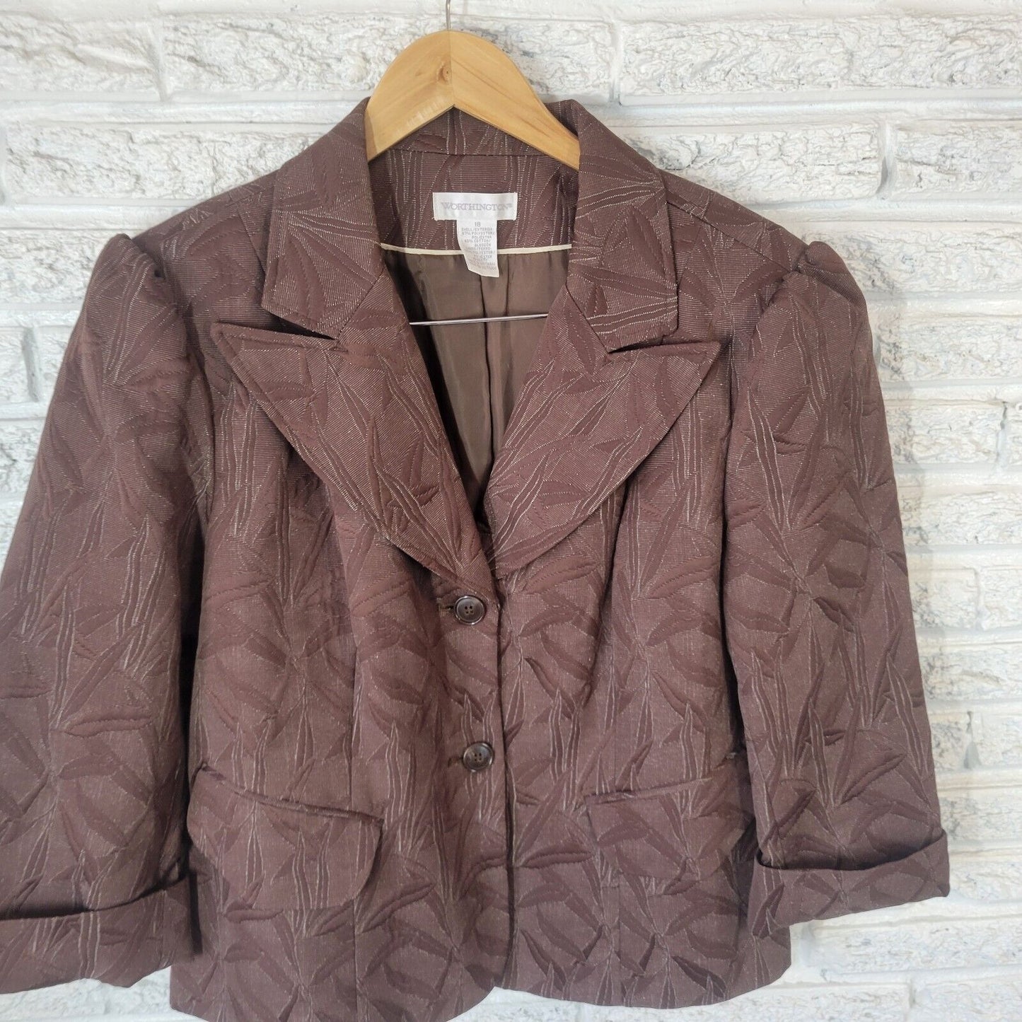 Worthington Womens Jacket 18 Plus Blazer Cuff Sleeve Brown Leaves Faux Pockets