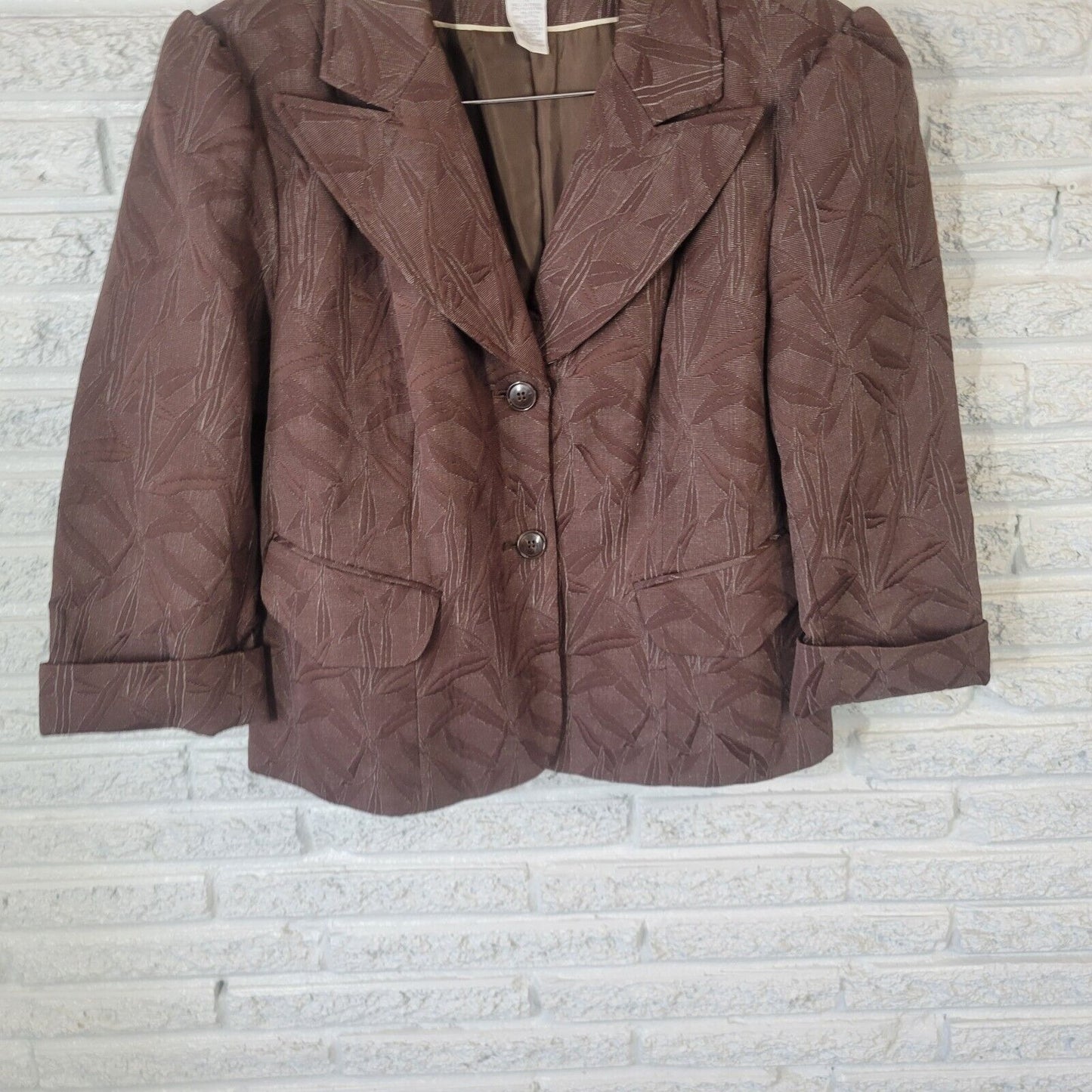 Worthington Womens Jacket 18 Plus Blazer Cuff Sleeve Brown Leaves Faux Pockets