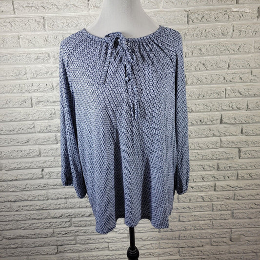 Croft Barrow Womens Top XL Tunic 3/4 Sleeve Blue Geometric Keyhole Lightweight