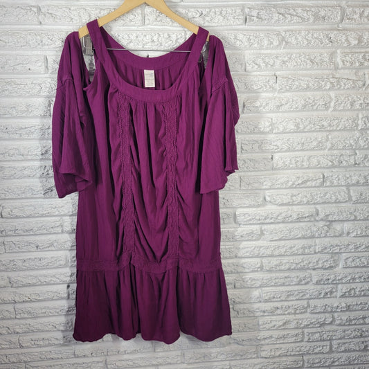 Terra Sky Womens Dress 2X Plus Mini Bell Cold Shoulder Sleeve Purple Lace Trim