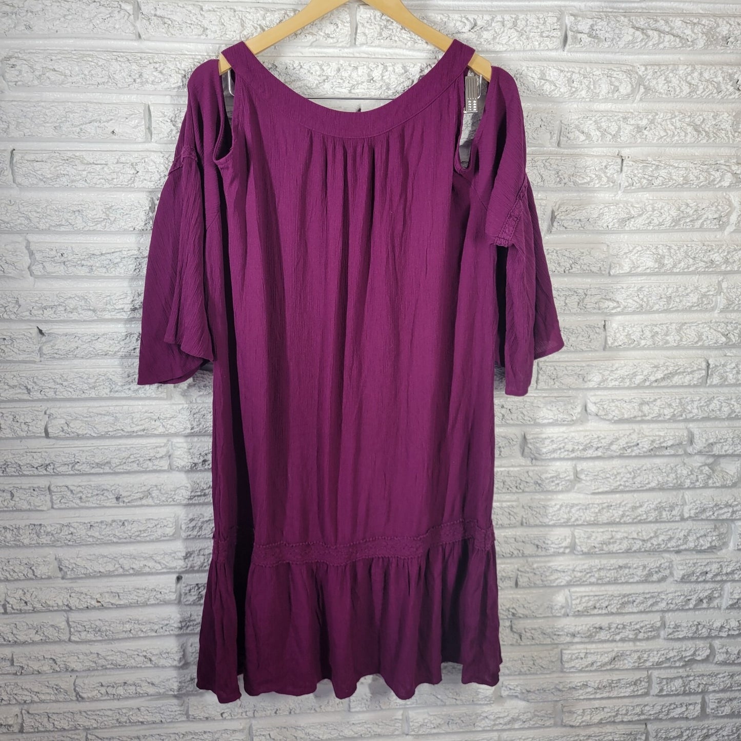 Terra Sky Womens Dress 2X Plus Mini Bell Cold Shoulder Sleeve Purple Lace Trim