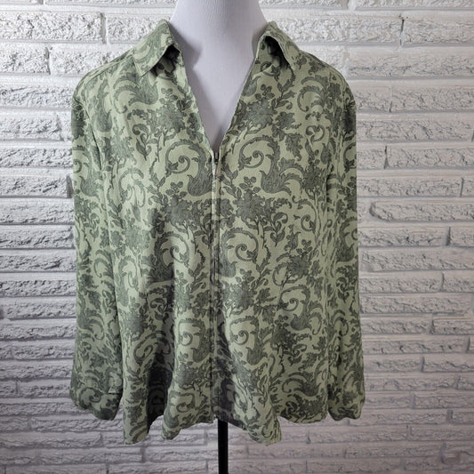 Croft Barrow Womens Top XXL Full Zip Jacket Lightweight Soft Velour Green Floral