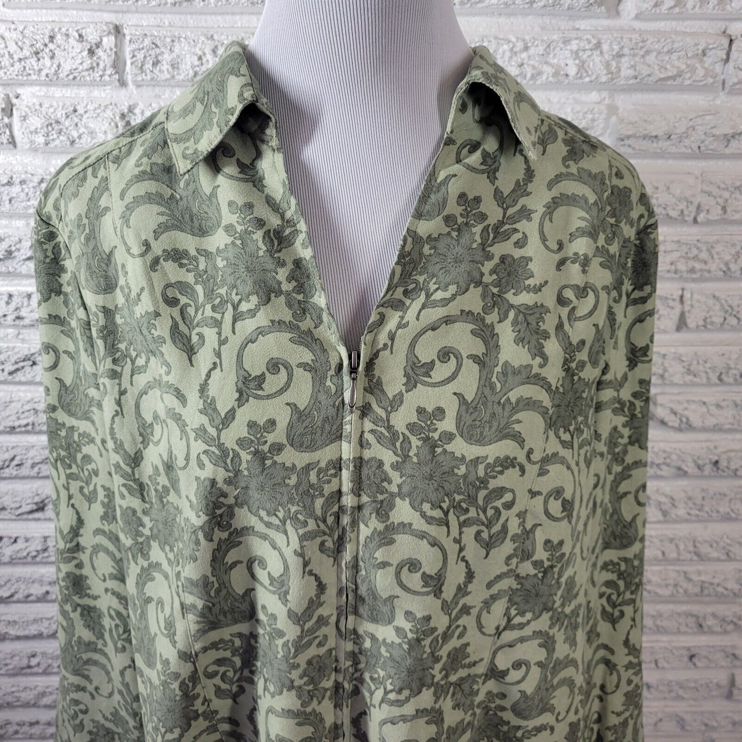 Croft Barrow Womens Top XXL Full Zip Jacket Lightweight Soft Velour Green Floral